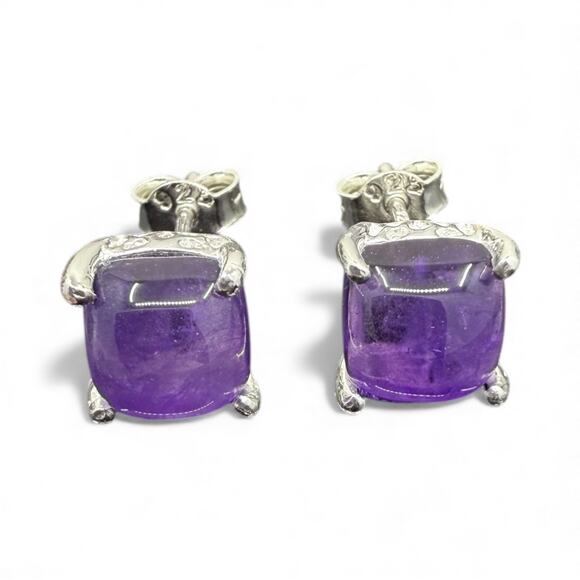 Natural Purple Amethyst Cabochon Stud Earrings 925 Sterling Silver Handmade - Picture 1 of 5